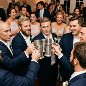 Groom and groomsmen enjoy a toast at a wedding reception