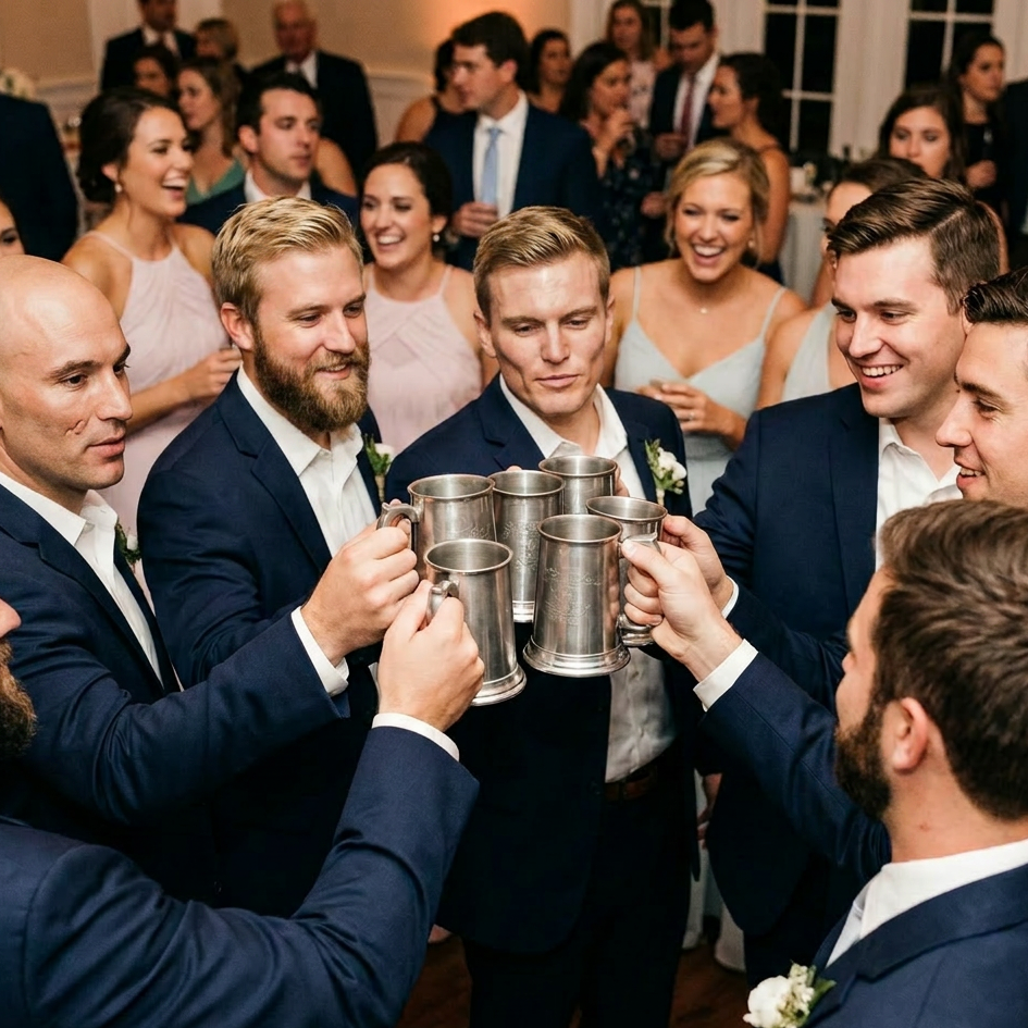 Groom and groomsmen enjoy a toast at a wedding reception