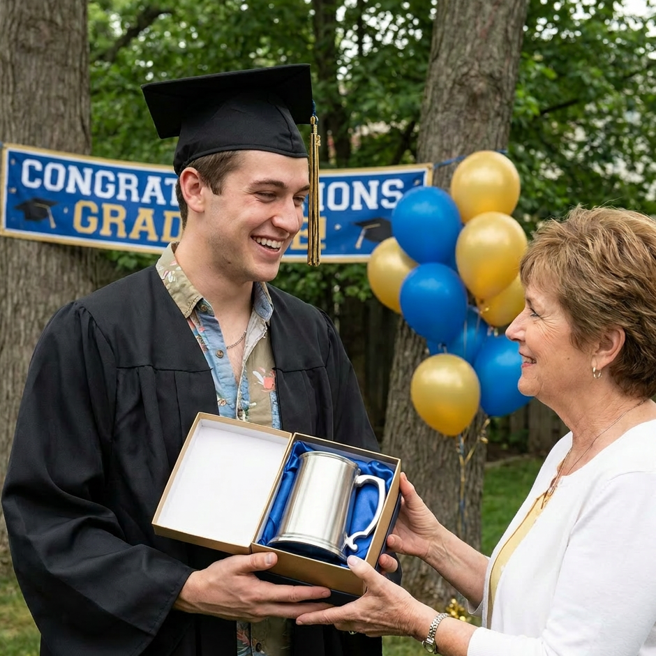 Young man in a graduation gown and mortarboard hat grins as he receives a pewter tankard from his grandmother