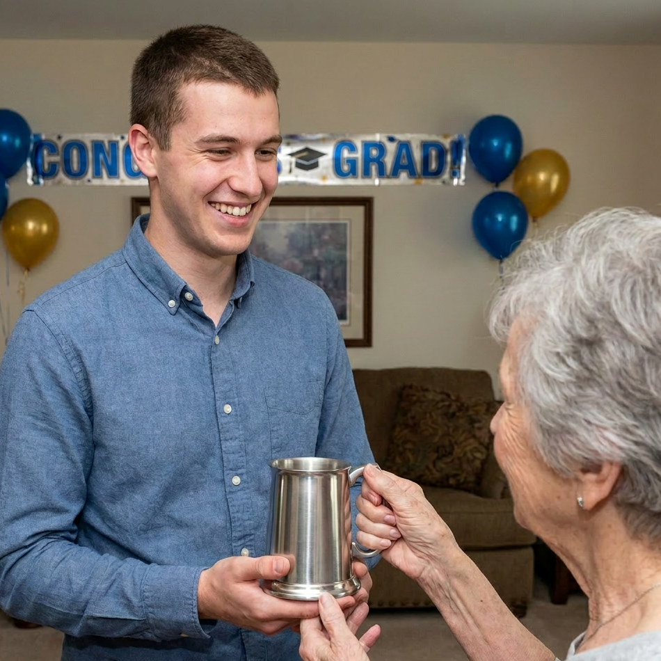 College graduate receives a pewter tankard gift