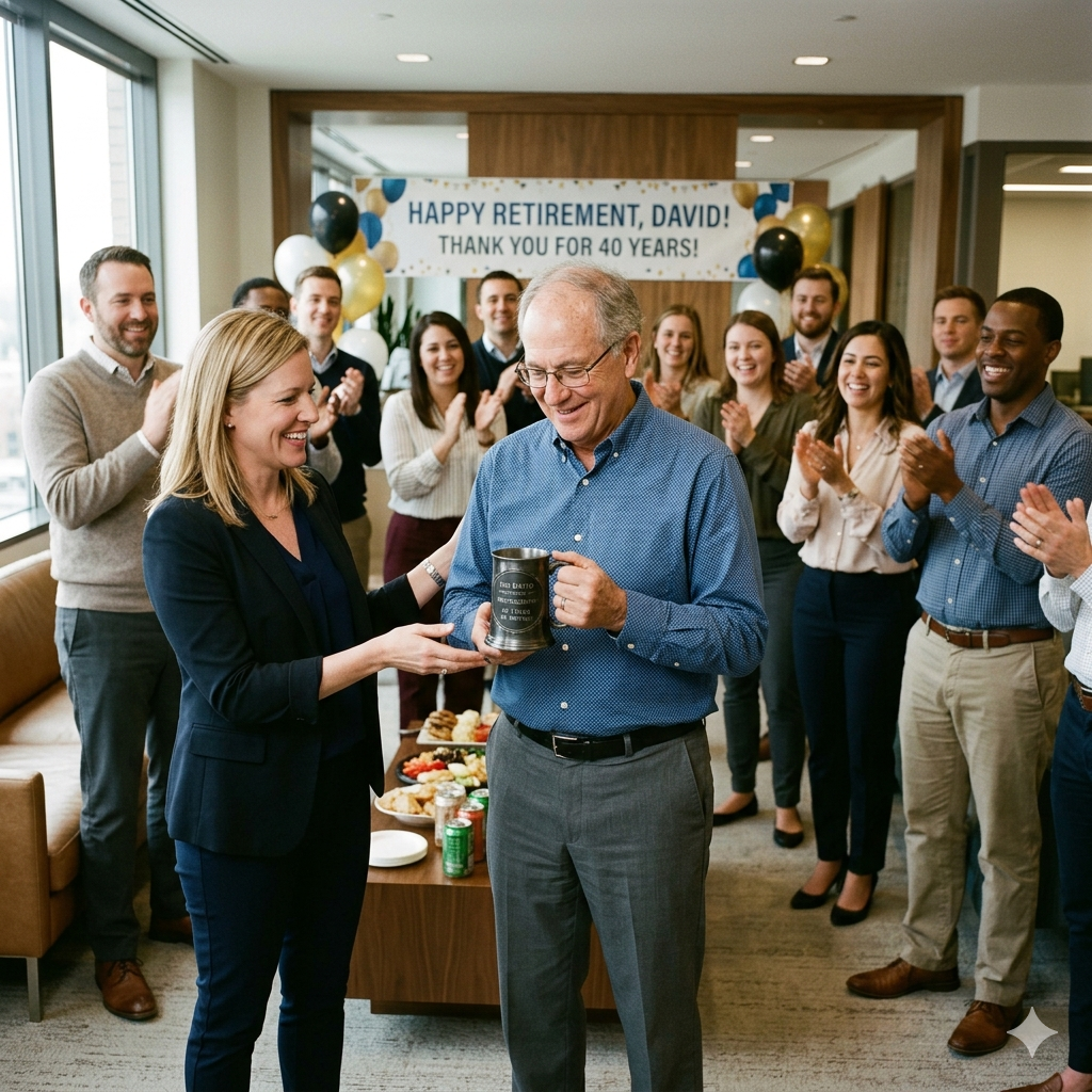 Retiree receives an engraved pewter tankard