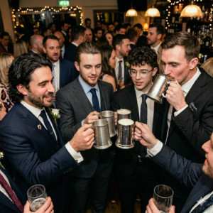 Five young men celebrate at a wedding reception with a toast in pewter tankards