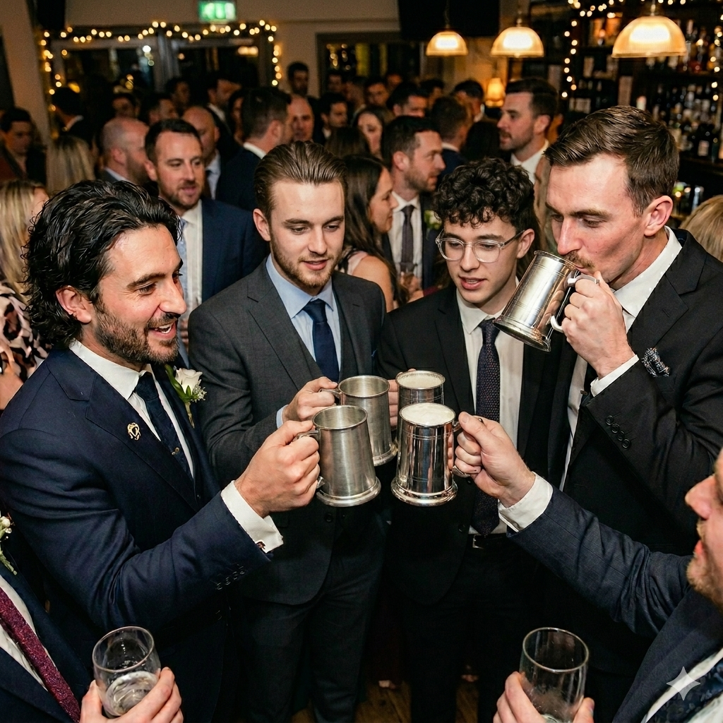 Five young men celebrate at a wedding reception with a toast in pewter tankards